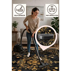 Halı – Siyah; Gold – Geleneksel Desen, Pamuk Dokuma Taban, Makinede Yıkanabilir, Kolay Temizlenebilir, Toz Ve Tüy Tutmaz, Kaymaz, Evcil Hayvan Dostu