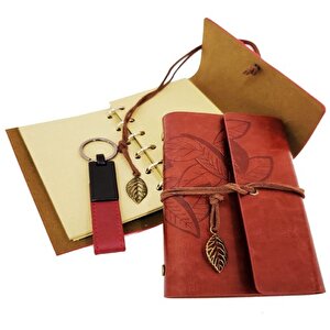 Dekoratif Ahşap Kutulu Kahverengi Deri Defter Ve Anahtarlık Set