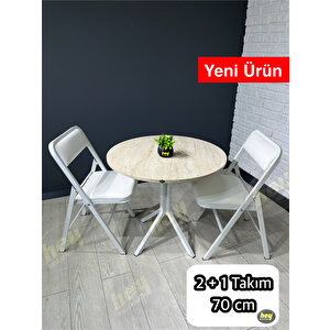 Pars 2 Kişilik Yuvarlak Mutfak Yemek Masası Takımı 2+1Traverten Beyaz Deri  70 Cm
