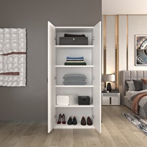 Modüleva Beyaz 2 Kapaklı 5 Katlı Çok Amaçlı / Elbise Dolabı / Saklama Dolabı