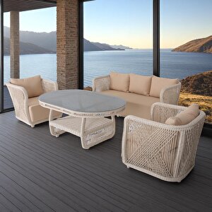 Psine | Üçlü Rattan Bahçe Oturma Grubu | 3+1+1+sehpalı Bahçe Takımı