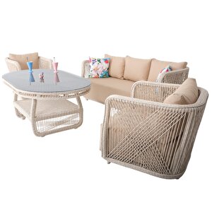 Psine | Üçlü Rattan Bahçe Oturma Grubu | 3+1+1+sehpalı Bahçe Takımı