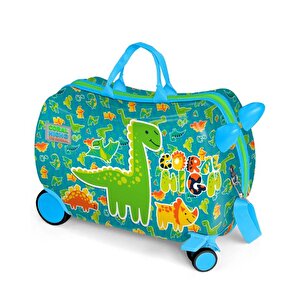Kids Mavi Yeşil Dinozor Desenli Otur Çek Çocuk Valizi 16361
