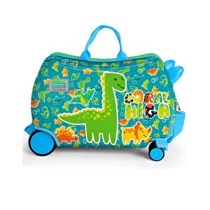 Kids Mavi Yeşil Dinozor Desenli Otur Çek Çocuk Valizi 16361