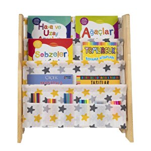 Doğal Ahşap Montessori Çocuk Kitaplığı Sarı Kumaşlı