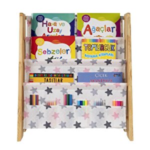 Doğal Ahşap Montessori Çocuk Kitaplığı Pembe Kumaşlı