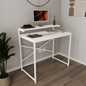 Nily Monitör Rafı Ayarlanabilir Çalışma Masası Beyaz-Beyaz