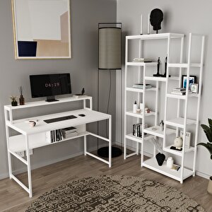Trendy Masa Ve Zen Kitaplık Seti Beyaz-Beyaz