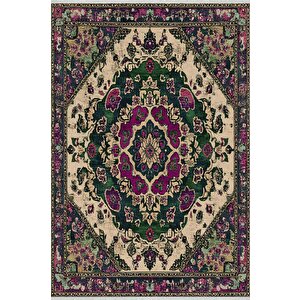 Pamuk Tabanlı Kaymaz Halı – Yeşil; Mor; Bej – Oriental Desen, Makinede Yıkanabilir, Kolay Temizlenebilir, Toz Ve Tüy Tutmaz, Evcil Hayvan Dostu 200x350 cm