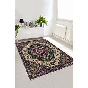 Pamuk Tabanlı Kaymaz Halı – Yeşil; Mor; Bej – Oriental Desen, Makinede Yıkanabilir, Kolay Temizlenebilir, Toz Ve Tüy Tutmaz, Evcil Hayvan Dostu 200x350 cm