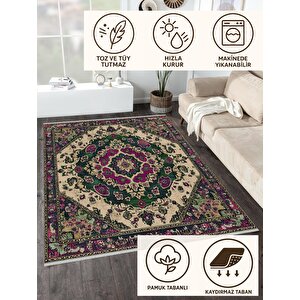 Pamuk Tabanlı Kaymaz Halı – Yeşil; Mor; Bej – Oriental Desen, Makinede Yıkanabilir, Kolay Temizlenebilir, Toz Ve Tüy Tutmaz, Evcil Hayvan Dostu 200x350 cm