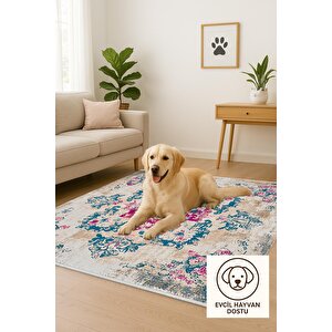 Pamuk Tabanlı Kaymaz Halı – Mavi; Pembe; Bej – Oriental Desen, Makinede Yıkanabilir, Kolay Temizlenebilir, Toz Ve Tüy Tutmaz, Evcil Hayvan Dostu