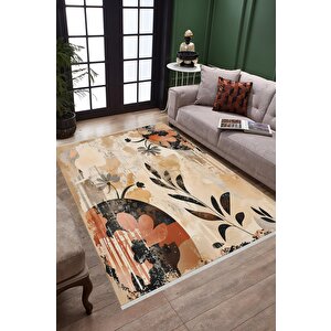 Pamuk Dokuma Taban Halı – Bej; Siyah; Kahverengi; Turuncu – Floral Desen, Makinede Yıkanabilir, Kolay Temizlenebilir, Toz Ve Tüy Tutmaz, Kaymaz, Evcil Hayvan Dostu 200x350 cm