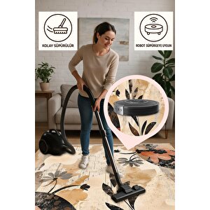 Pamuk Dokuma Taban Halı – Bej; Siyah; Kahverengi; Turuncu – Floral Desen, Makinede Yıkanabilir, Kolay Temizlenebilir, Toz Ve Tüy Tutmaz, Kaymaz, Evcil Hayvan Dostu 200x350 cm