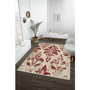 Pamuk Tabanlı Kaymaz Halı – Kırmızı; Bej – Damask Desen, Makinede Yıkanabilir, Kolay Temizlenebilir, Toz Ve Tüy Tutmaz, Evcil Hayvan Dostu