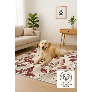Pamuk Tabanlı Kaymaz Halı – Kırmızı; Bej – Damask Desen, Makinede Yıkanabilir, Kolay Temizlenebilir, Toz Ve Tüy Tutmaz, Evcil Hayvan Dostu