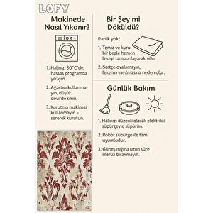 Pamuk Tabanlı Kaymaz Halı – Kırmızı; Bej – Damask Desen, Makinede Yıkanabilir, Kolay Temizlenebilir, Toz Ve Tüy Tutmaz, Evcil Hayvan Dostu