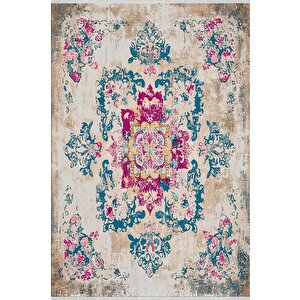 Pamuk Tabanlı Kaymaz Halı – Mavi; Pembe; Bej – Oriental Desen, Makinede Yıkanabilir, Kolay Temizlenebilir, Toz Ve Tüy Tutmaz, Evcil Hayvan Dostu 100x180 cm
