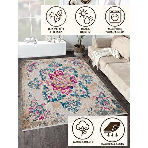 Pamuk Tabanlı Kaymaz Halı – Mavi; Pembe; Bej – Oriental Desen, Makinede Yıkanabilir, Kolay Temizlenebilir, Toz Ve Tüy Tutmaz, Evcil Hayvan Dostu 100x180 cm
