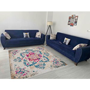 Pamuk Tabanlı Kaymaz Halı – Mavi; Pembe; Bej – Oriental Desen, Makinede Yıkanabilir, Kolay Temizlenebilir, Toz Ve Tüy Tutmaz, Evcil Hayvan Dostu 100x180 cm