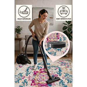 Pamuk Tabanlı Kaymaz Halı – Mavi; Pembe; Bej – Oriental Desen, Makinede Yıkanabilir, Kolay Temizlenebilir, Toz Ve Tüy Tutmaz, Evcil Hayvan Dostu