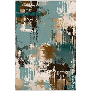 Pamuk Tabanlı Kaymaz Halı – Turkuaz; Kahverengi; Bej – Soyut Desen, Makinede Yıkanabilir, Kolay Temizlenebilir, Toz Ve Tüy Tutmaz, Evcil Hayvan Dostu 150x300 cm