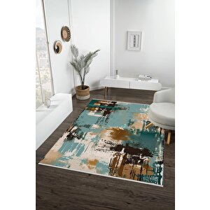 Pamuk Tabanlı Kaymaz Halı – Turkuaz; Kahverengi; Bej – Soyut Desen, Makinede Yıkanabilir, Kolay Temizlenebilir, Toz Ve Tüy Tutmaz, Evcil Hayvan Dostu 150x300 cm