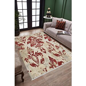 Pamuk Tabanlı Kaymaz Halı – Kırmızı; Bej – Damask Desen, Makinede Yıkanabilir, Kolay Temizlenebilir, Toz Ve Tüy Tutmaz, Evcil Hayvan Dostu 200x220 cm