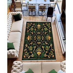 Pamuk Tabanlı Kaymaz Halı – Yeşil; Siyah; Sarı – Çiçek Desen, Makinede Yıkanabilir, Kolay Temizlenebilir, Toz Ve Tüy Tutmaz, Evcil Hayvan Dostu 150x150 cm