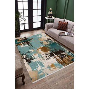 Pamuk Tabanlı Kaymaz Halı – Turkuaz; Kahverengi; Bej – Soyut Desen, Makinede Yıkanabilir, Kolay Temizlenebilir, Toz Ve Tüy Tutmaz, Evcil Hayvan Dostu