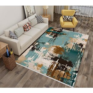 Pamuk Tabanlı Kaymaz Halı – Turkuaz; Kahverengi; Bej – Soyut Desen, Makinede Yıkanabilir, Kolay Temizlenebilir, Toz Ve Tüy Tutmaz, Evcil Hayvan Dostu