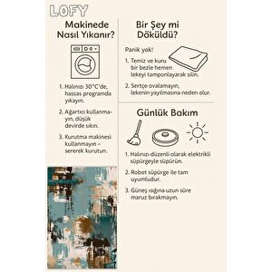 Pamuk Tabanlı Kaymaz Halı – Turkuaz; Kahverengi; Bej – Soyut Desen, Makinede Yıkanabilir, Kolay Temizlenebilir, Toz Ve Tüy Tutmaz, Evcil Hayvan Dostu