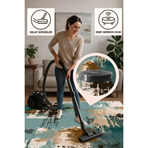 Pamuk Tabanlı Kaymaz Halı – Turkuaz; Kahverengi; Bej – Soyut Desen, Makinede Yıkanabilir, Kolay Temizlenebilir, Toz Ve Tüy Tutmaz, Evcil Hayvan Dostu