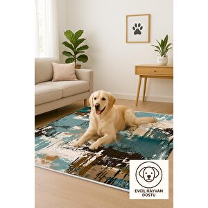 Pamuk Tabanlı Kaymaz Halı – Turkuaz; Kahverengi; Bej – Soyut Desen, Makinede Yıkanabilir, Kolay Temizlenebilir, Toz Ve Tüy Tutmaz, Evcil Hayvan Dostu