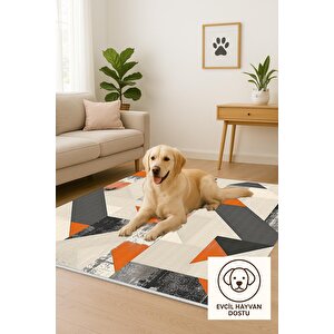 Pamuk Dokuma Taban Halı – Turuncu; Siyah; Gri; Krem – Geometrik Desen, Makinede Yıkanabilir, Kolay Temizlenebilir, Toz Ve Tüy Tutmaz, Kaymaz, Evcil Hayvan Dostu