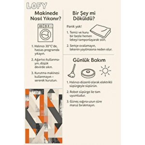 Pamuk Dokuma Taban Halı – Turuncu; Siyah; Gri; Krem – Geometrik Desen, Makinede Yıkanabilir, Kolay Temizlenebilir, Toz Ve Tüy Tutmaz, Kaymaz, Evcil Hayvan Dostu