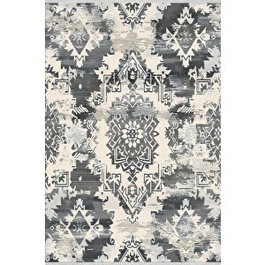 Pamuk Tabanlı Kaymaz Halı – Siyah; Gri; Krem – Oriental Desen, Makinede Yıkanabilir, Kolay Temizlenebilir, Toz Ve Tüy Tutmaz, Evcil Hayvan Dostu 150x150 cm