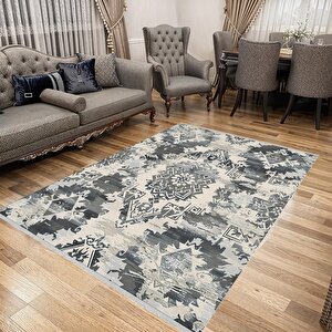 Pamuk Tabanlı Kaymaz Halı – Siyah; Gri; Krem – Oriental Desen, Makinede Yıkanabilir, Kolay Temizlenebilir, Toz Ve Tüy Tutmaz, Evcil Hayvan Dostu 150x150 cm