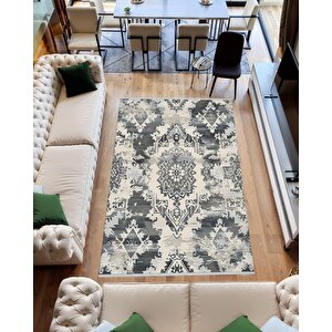 Pamuk Tabanlı Kaymaz Halı – Siyah; Gri; Krem – Oriental Desen, Makinede Yıkanabilir, Kolay Temizlenebilir, Toz Ve Tüy Tutmaz, Evcil Hayvan Dostu 150x150 cm