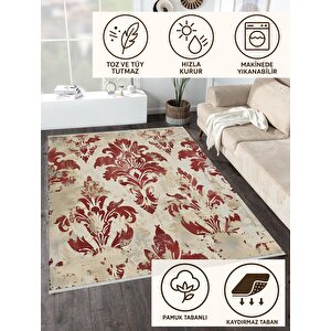 Pamuk Tabanlı Kaymaz Halı – Kırmızı; Bej – Damask Desen, Makinede Yıkanabilir, Kolay Temizlenebilir, Toz Ve Tüy Tutmaz, Evcil Hayvan Dostu 150x150 cm