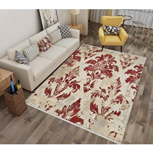 Pamuk Tabanlı Kaymaz Halı – Kırmızı; Bej – Damask Desen, Makinede Yıkanabilir, Kolay Temizlenebilir, Toz Ve Tüy Tutmaz, Evcil Hayvan Dostu