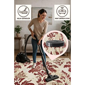 Pamuk Tabanlı Kaymaz Halı – Kırmızı; Bej – Damask Desen, Makinede Yıkanabilir, Kolay Temizlenebilir, Toz Ve Tüy Tutmaz, Evcil Hayvan Dostu