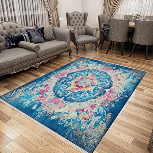 Yıkanabilir Halı – Mavi; Pembe; Sarı; Krem – Geleneksel Desen, Pamuk Dokuma Taban, Makinede Yıkanabilir, Kolay Temizlenebilir, Toz Ve Tüy Tutmaz, Kaymaz, Evcil Hayvan Dostu 120x270 cm