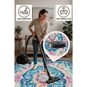 Yıkanabilir Halı – Mavi; Pembe; Sarı; Krem – Geleneksel Desen, Pamuk Dokuma Taban, Makinede Yıkanabilir, Kolay Temizlenebilir, Toz Ve Tüy Tutmaz, Kaymaz, Evcil Hayvan Dostu