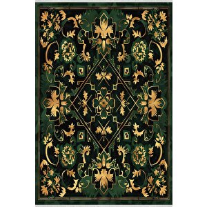 Pamuk Tabanlı Kaymaz Halı – Yeşil; Siyah; Sarı – Çiçek Desen, Makinede Yıkanabilir, Kolay Temizlenebilir, Toz Ve Tüy Tutmaz, Evcil Hayvan Dostu 200x270 cm