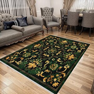 Pamuk Tabanlı Kaymaz Halı – Yeşil; Siyah; Sarı – Çiçek Desen, Makinede Yıkanabilir, Kolay Temizlenebilir, Toz Ve Tüy Tutmaz, Evcil Hayvan Dostu 200x270 cm