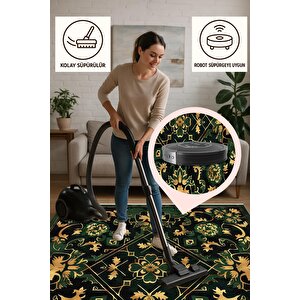 Pamuk Tabanlı Kaymaz Halı – Yeşil; Siyah; Sarı – Çiçek Desen, Makinede Yıkanabilir, Kolay Temizlenebilir, Toz Ve Tüy Tutmaz, Evcil Hayvan Dostu