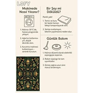Pamuk Tabanlı Kaymaz Halı – Yeşil; Siyah; Sarı – Çiçek Desen, Makinede Yıkanabilir, Kolay Temizlenebilir, Toz Ve Tüy Tutmaz, Evcil Hayvan Dostu