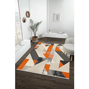 Pamuk Dokuma Taban Halı – Turuncu; Siyah; Gri; Krem – Geometrik Desen, Makinede Yıkanabilir, Kolay Temizlenebilir, Toz Ve Tüy Tutmaz, Kaymaz, Evcil Hayvan Dostu 160x180 cm