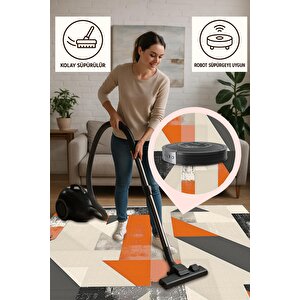 Pamuk Dokuma Taban Halı – Turuncu; Siyah; Gri; Krem – Geometrik Desen, Makinede Yıkanabilir, Kolay Temizlenebilir, Toz Ve Tüy Tutmaz, Kaymaz, Evcil Hayvan Dostu